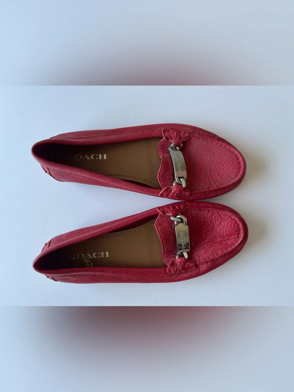 Coach Women's Pink-Red Pebbled Leather Loafers with Silver Hardware